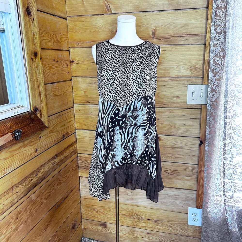 Vintage Animal Print Tunic Dress Small Brown Leopard Zebra Patchwork Mode France